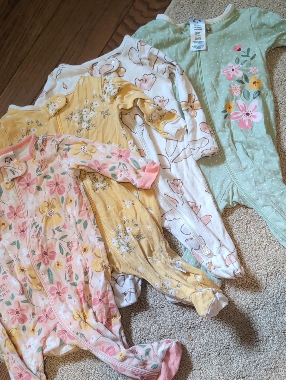 100% Cotton Bundle Baby Girl Footed Sleepers - Pastel Pink, Yellow, Mint, Cream
